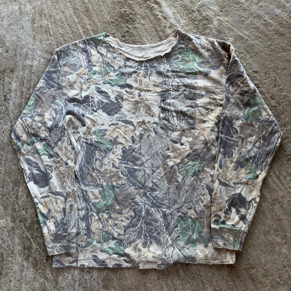 Vintage 90s Camo Long Sleeve Shirt No Collar Leaves Fall Autumn XL